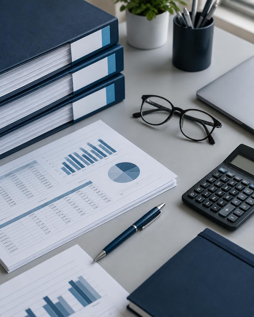 Escritorio del estudio con carpetas de balances, anteojos y calculadora